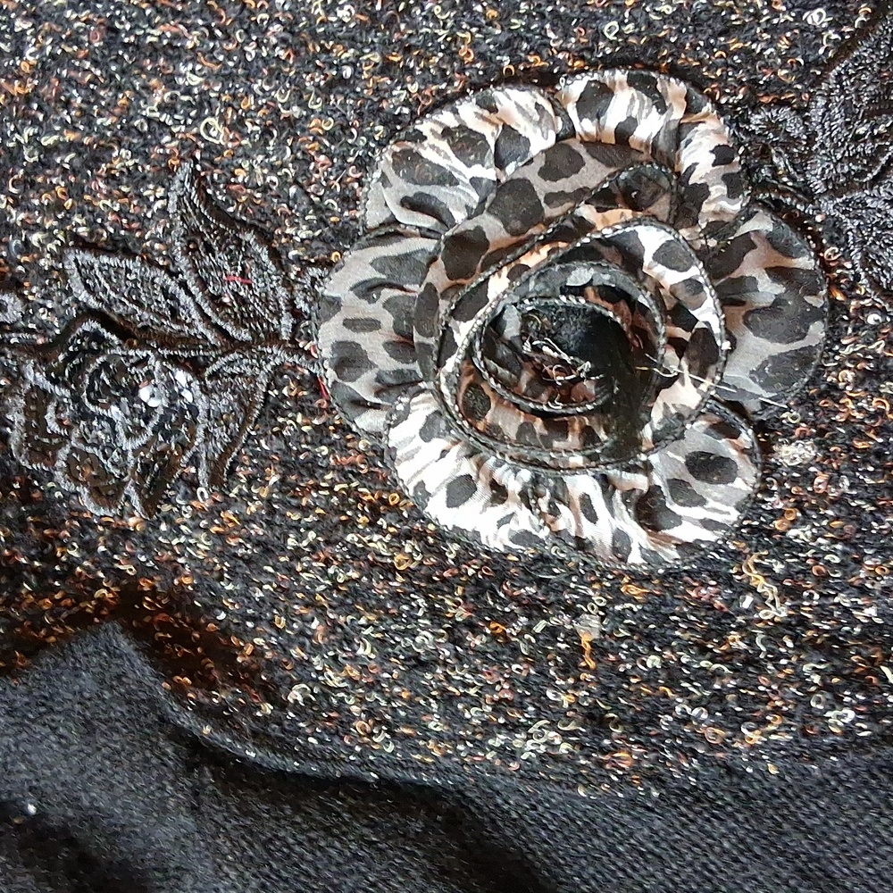 Forla Paris Cardigan Fur  Whimsical Leopard Print Seqin Floral M - Picture 13 of 14